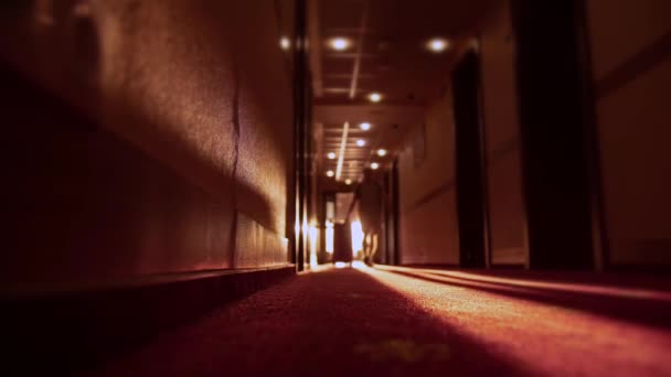 Rozostřený muž se zavazadly procházky ve slunné hotelové chodbě — Stock video
