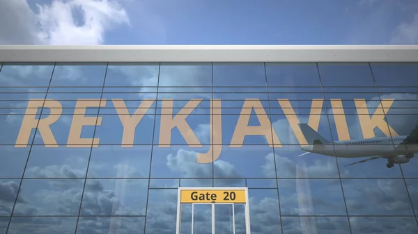 Aereo commerciale che riflette nel terminal dell'aeroporto con testo REYKJAVIK. rendering 3d — Foto Stock
