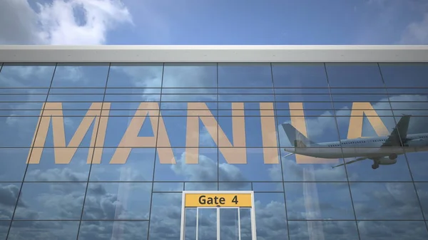MANILA Stadtname und Landeflugzeug auf einem modernen Flughafen. 3D-Darstellung — Stockfoto