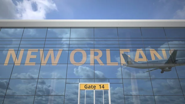 NEW ORLEANS Stadtname und Landeflugzeug auf einem modernen Flughafen. 3D-Darstellung — Stockfoto