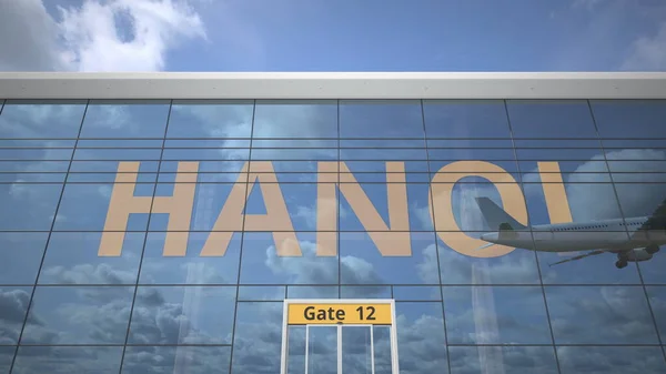 Passagierflugzeug reflektiert in den Fenstern des Flughafenterminals mit HANOI-Text. 3D-Darstellung — Stockfoto