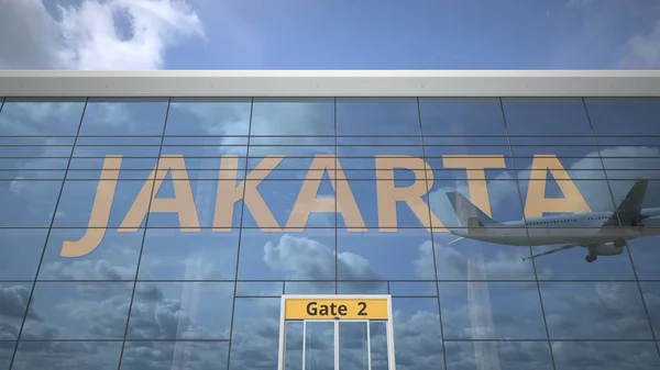 JAKARTA city name and landing airplane at airport terminal. 3d rendering — Stock Photo, Image