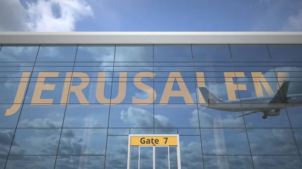 Das Flugzeug spiegelt sich im Flughafenterminal mit dem Stadtnamen JERUSALEM. 3D-Darstellung — Stockfoto