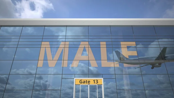MALE város neve és leszálló repülőgép a repülőtér terminál. 3D-s renderelés — Stock Fotó