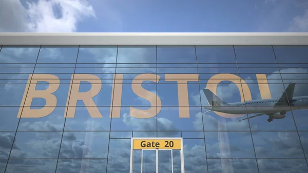 BRISTOL Stadtname und Landeflugzeug auf einem modernen Flughafen. 3D-Darstellung — Stockfoto