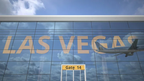 Havaalanı terminaline LAS VEGAS şehir adı ve iniş uçağı. 3d oluşturma — Stok fotoğraf
