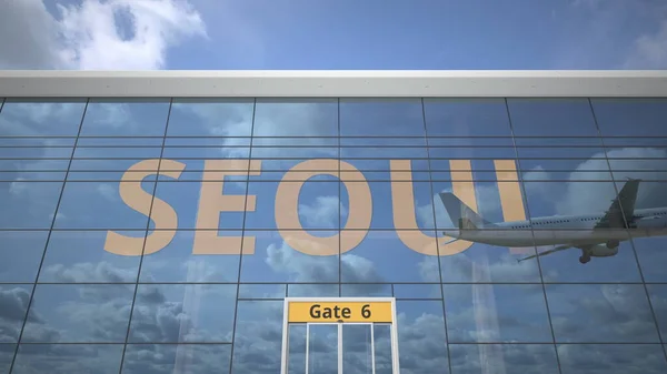 Verkehrsflugzeug reflektiert im Flughafenterminal mit SEOUL-Text. 3D-Darstellung — Stockfoto