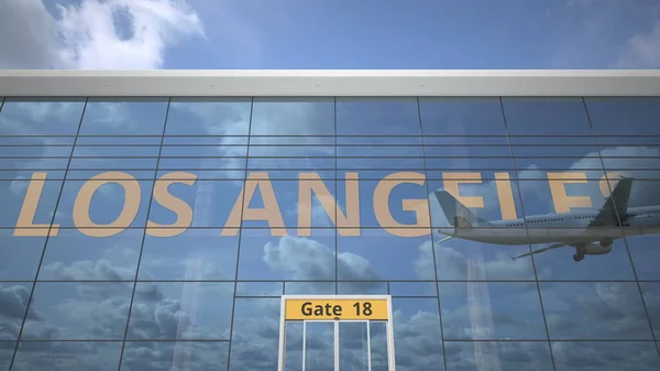 LOS ANGELES 도시 이름 및 현대 공항에 착륙 비행기. 3d 렌더링 — 스톡 사진