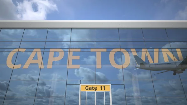 Commercieel vliegtuig reflecterend in luchthaven terminal met CAPE TOWN tekst. 3d destructie — Stockfoto