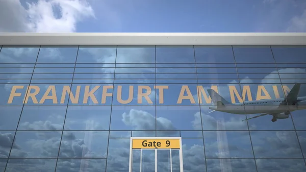 Avion reflète dans le terminal de l'aéroport avec FRANKFURT AM MAIN nom de la ville. Rendu 3d — Photo