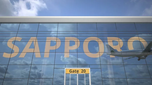 Avion reflète dans le terminal de l'aéroport avec le nom de la ville SAPPORO. Rendu 3d — Photo
