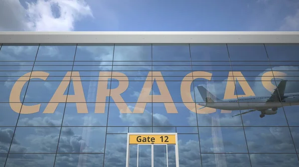 CARACAS Stadtname und Landeflugzeug im Flughafenterminal. 3D-Darstellung — Stockfoto