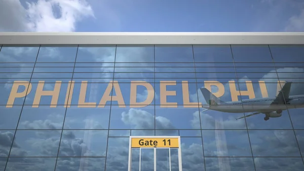 PHILADELPHIA Stadtname und Landeflugzeug im Flughafenterminal. 3D-Darstellung — Stockfoto