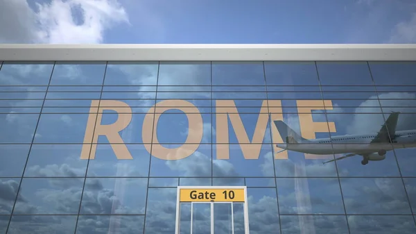 Passagierflugzeug reflektiert in den Fenstern des Flughafenterminals mit ROM-Text. 3D-Darstellung — Stockfoto