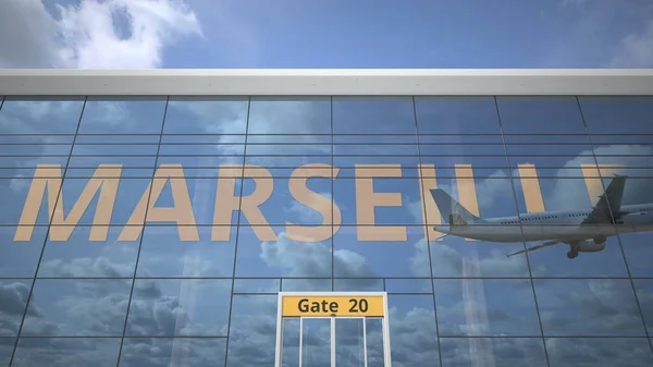 MARSEILLE nome della città e l'atterraggio aereo al terminal dell'aeroporto. rendering 3d — Foto Stock