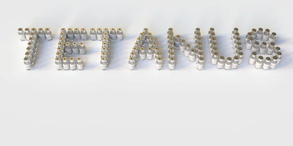 Cam şişeler TETANUS metnini beyaz arkaplan, kavramsal 3D görüntüleme üzerine besteler — Stok fotoğraf