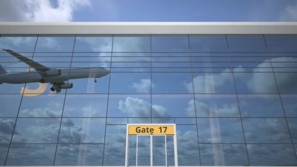 Avião refletindo nas janelas do terminal do aeroporto com texto SAN JUAN — Vídeo de Stock