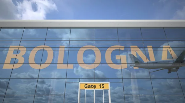 Flugzeug spiegelt sich im Flughafenterminal mit dem Namen der Stadt BOLOGNA. 3D-Darstellung — Stockfoto