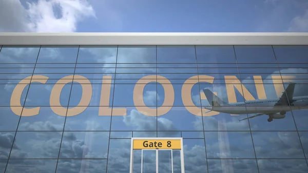 Flugzeug spiegelt sich im Flughafen-Terminal mit KÖLN Stadtnamen. 3D-Darstellung — Stockfoto