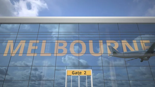 MELBOURNE Text enthüllt mit Landungsflugzeug auf Flughafengebäude. 3D-Darstellung — Stockfoto