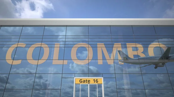 COLOMBO nome da cidade e avião de desembarque no aeroporto moderno. Renderização 3d — Fotografia de Stock
