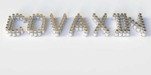 COVAXIN text vyrobený z mnoha lékařských lahviček. Editorial 3D rendering — Stock fotografie