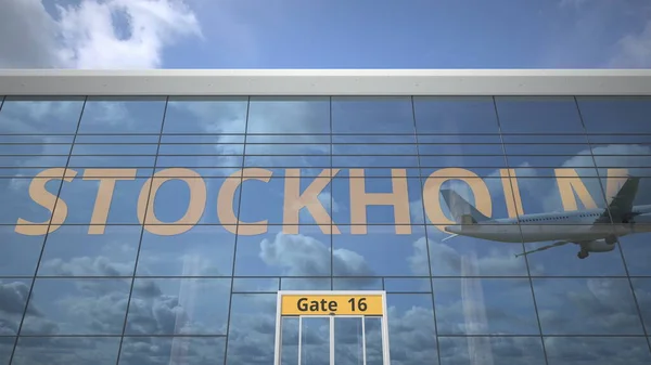 STOCKHOLM Stadtname und Landegerät auf dem modernen Flughafen. 3D-Darstellung — Stockfoto