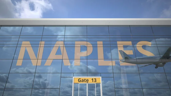 NAPLES Text enthüllt mit Landungsflugzeug auf Flughafengebäude. 3D-Darstellung — Stockfoto