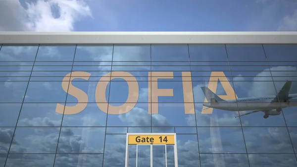 SOFIA-Text enthüllt mit Landungsflugzeug auf Flughafengebäude. 3D-Darstellung — Stockfoto