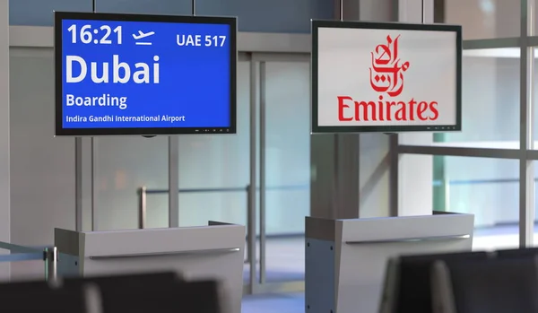 Let z New Delhi do Dubaje, letištní terminálová brána. Redakční 3D vykreslování — Stock fotografie