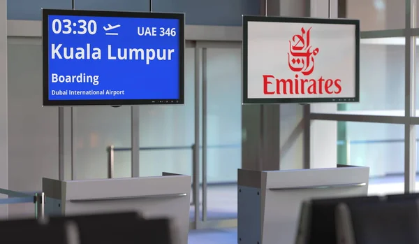 Flyg från Dubai till Kuala lumpur, flygplats terminal gate. Redaktionell 3d-tolkning — Stockfoto