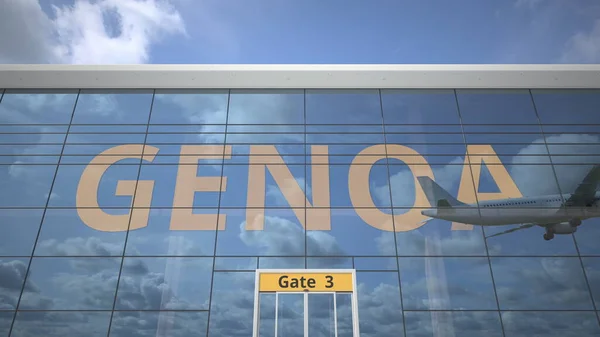 GENOVA nome della città e aereo di atterraggio al moderno aeroporto. rendering 3d — Foto Stock