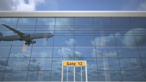 공항 터미널 창문에 밀란 문자를 반사하는 비행기 — 비디오