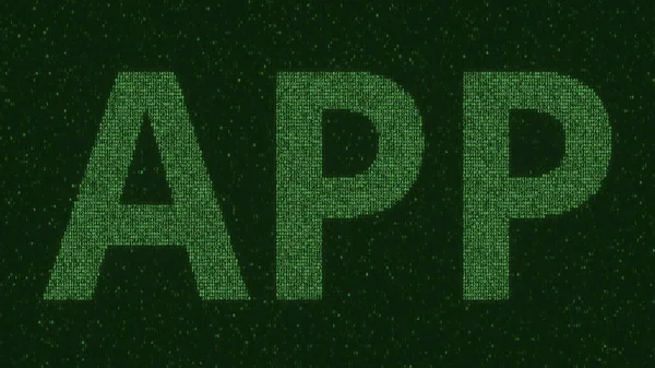 APP-Text, bestehend aus vielen Symbolen auf dem Computermonitor. 3D-Darstellung — Stockfoto