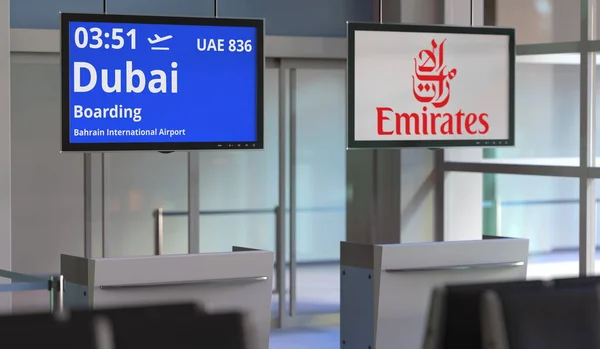 Odletová plocha letiště, pravidelný let do Dubaje z Manamy, redakční 3d rendering — Stock fotografie