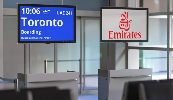 Odletová plocha letiště, pravidelný let do Toronta z Dubaje, redakční 3d rendering — Stock fotografie