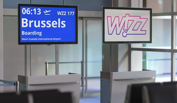 Henri Coanda Uluslararası Havalimanı 'ndan Brüksel' e WIZZ uçuşu. 3d düzenleme — Stok fotoğraf