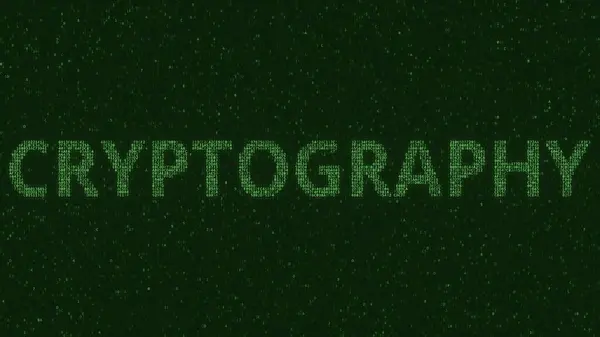 CRYPTOGRAPHY文本由计算机监视器上的许多符号组成。3d渲染 — 图库照片