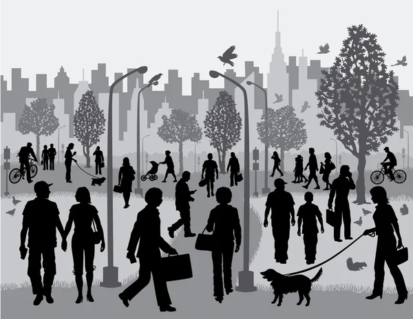 Gente cotidiana en un parque de la ciudad — Vector de stock