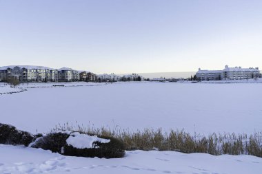 Kışın donmuş göl kıyısında apartman blokları