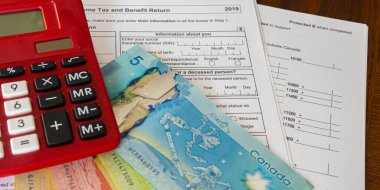 Banner - Tax forms with red calculator to prepare taxes clipart