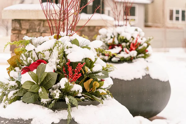 Kamu parkındaki saksı karla kaplı.