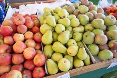 Taze organik armut ve elmalar bir çiftçi pazarında sergileniyor.