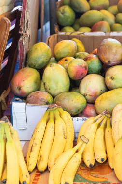 Çiftçi pazarında taze meyve tezgahı