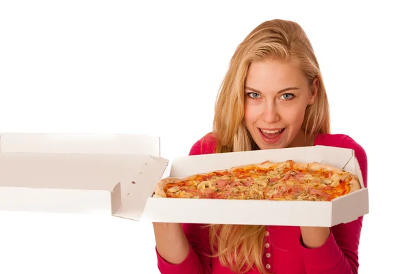 Donna con grande pizza in scatola di cartone non vede l'ora di mangiarla . — Foto Stock