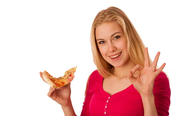Dilim lezzetli pizza, kadınla içinde ısırmak için sabırsızlanıyorum. — Stok fotoğraf