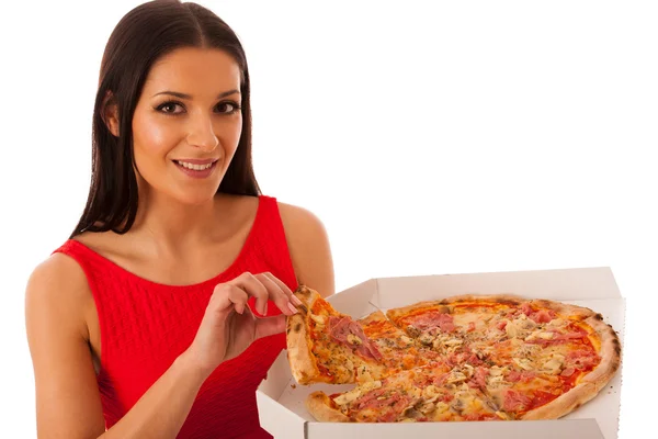 Güzel pizza karton kutu içinde tutan gülümseyen kadın. — Stok fotoğraf