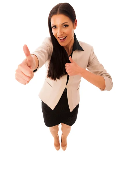 Mujer haciendo gestos de éxito con los pulgares hacia arriba y gran sonrisa feliz . — Foto de Stock