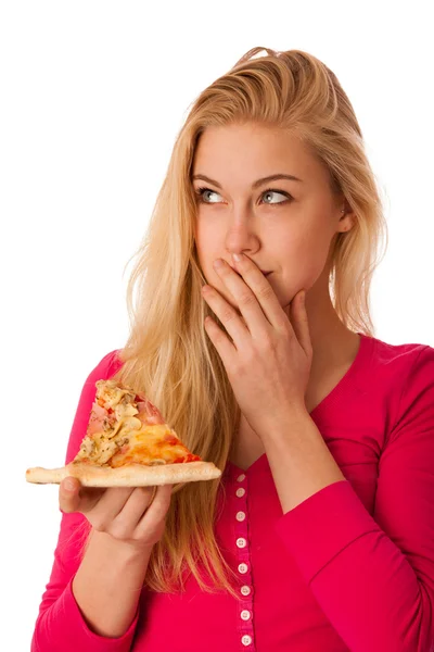 Bir p kırmaya düşünme kadınla lezzetli pizza, dilim — Stok fotoğraf