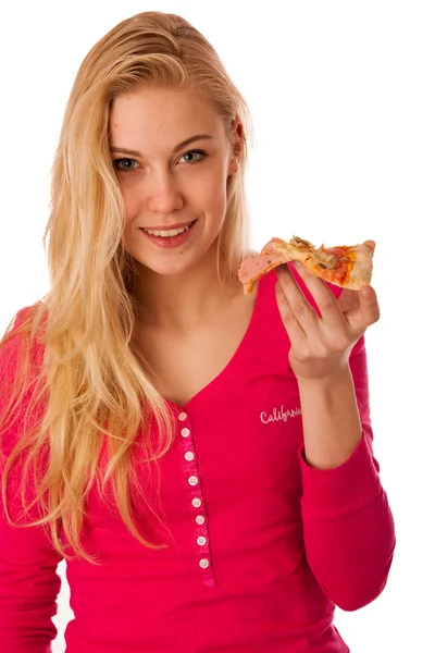 Dilim lezzetli pizza, kadınla içinde ısırmak için sabırsızlanıyorum. — Stok fotoğraf